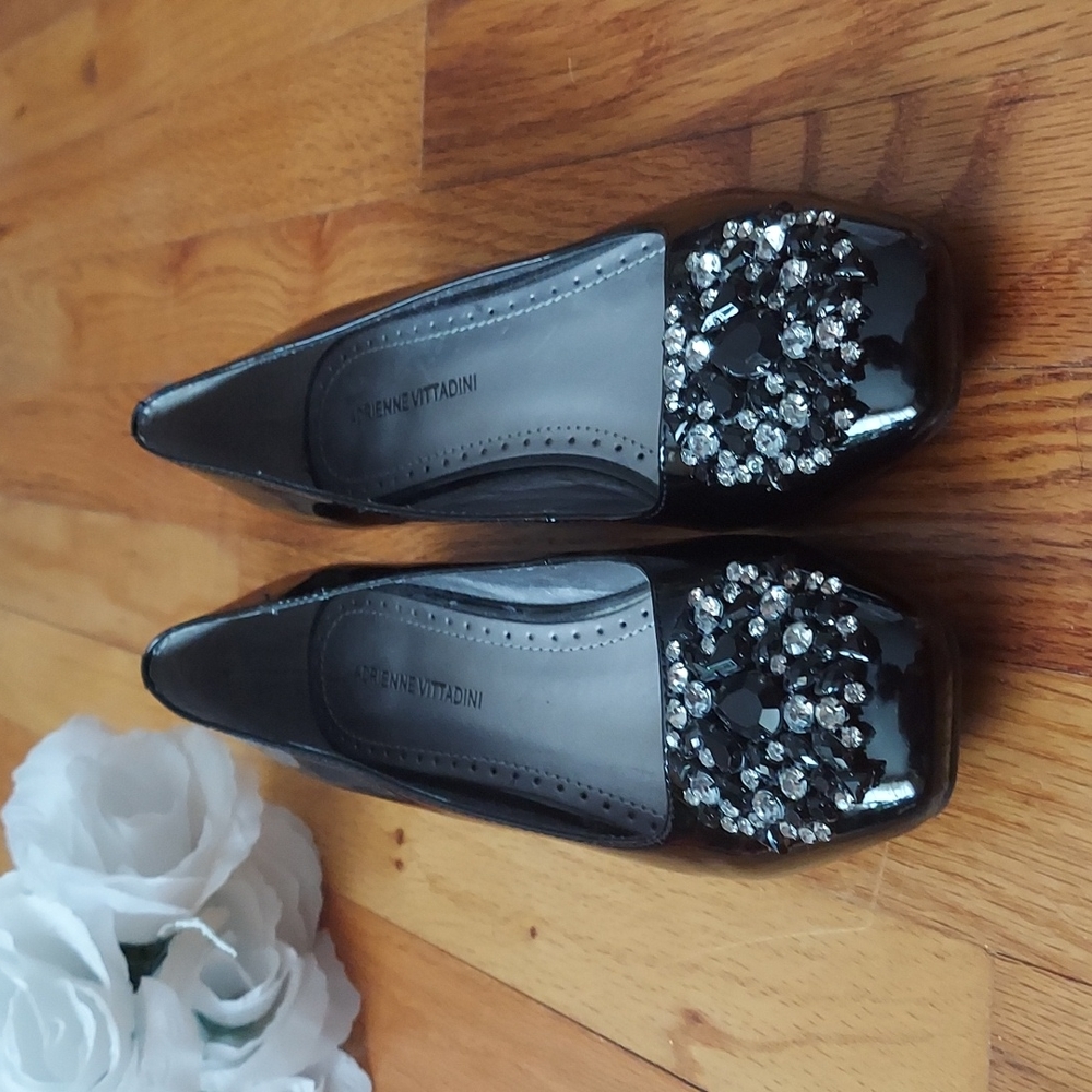 Adrienne Vittadini Palm Beach Black Patent Wedges w/ Rhinestone Details Size 6 - Picture 6 of 16